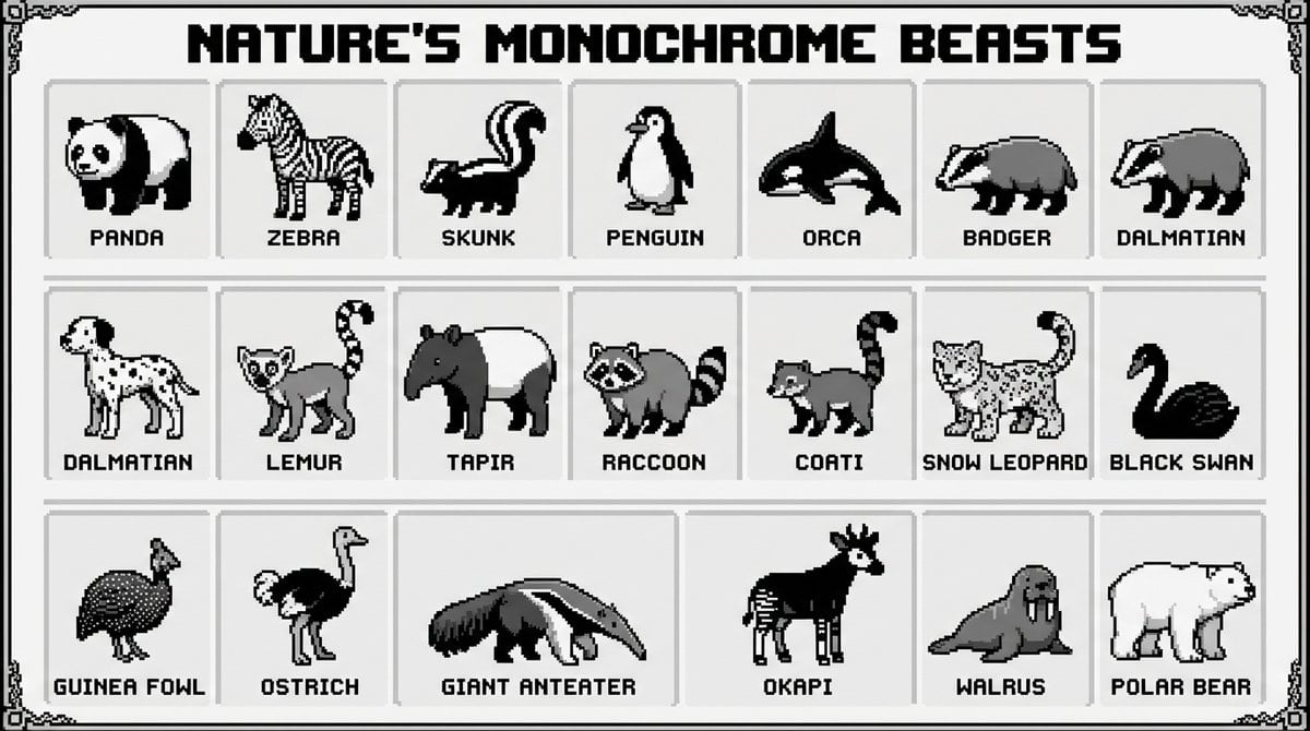 16-bit pixel art poster of black-and-white animals