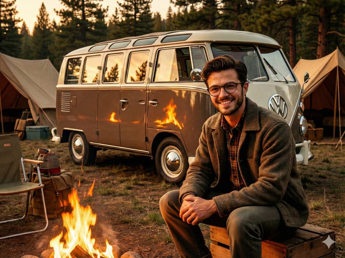1950s Americana VW Samba Bus Campsite Portrait