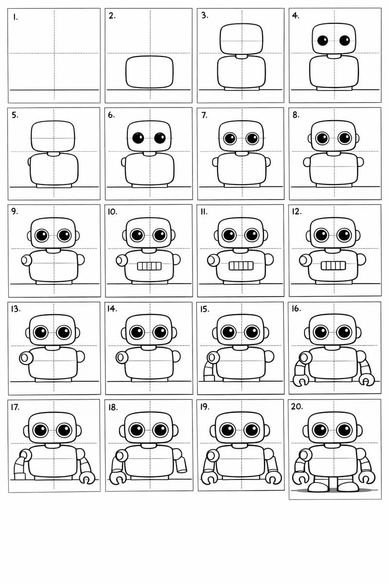 20-Panel Cartoon Robot Drawing Guide Prompt