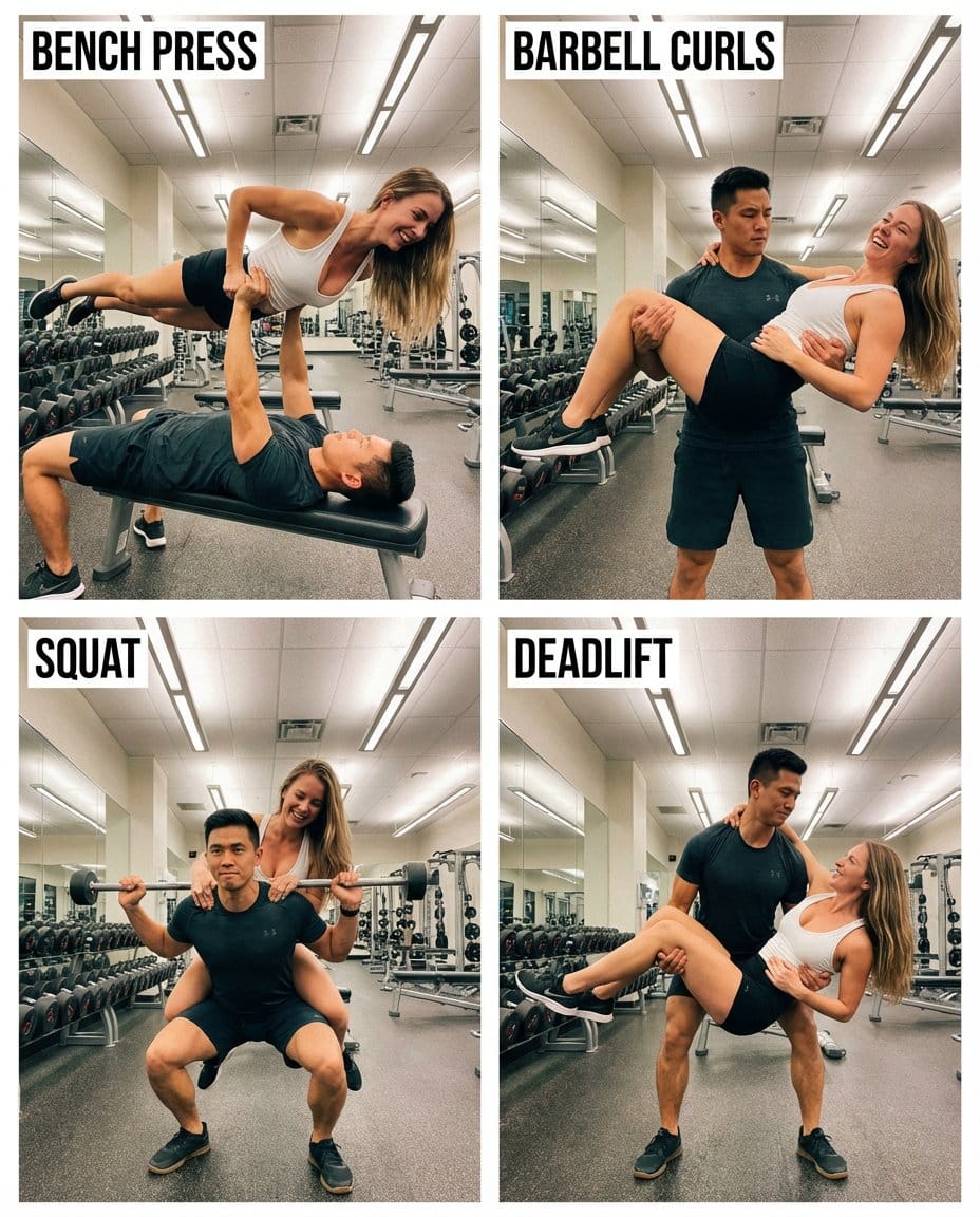 2x2 Collage of Couple Lifting Each Other in Gym