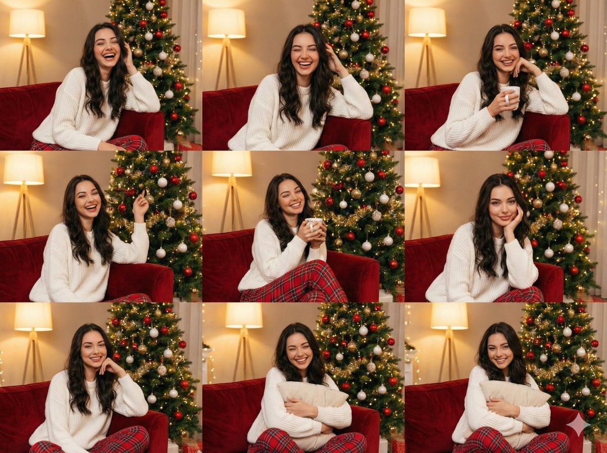 3x3 Christmas Collage of a Woman on a Couch