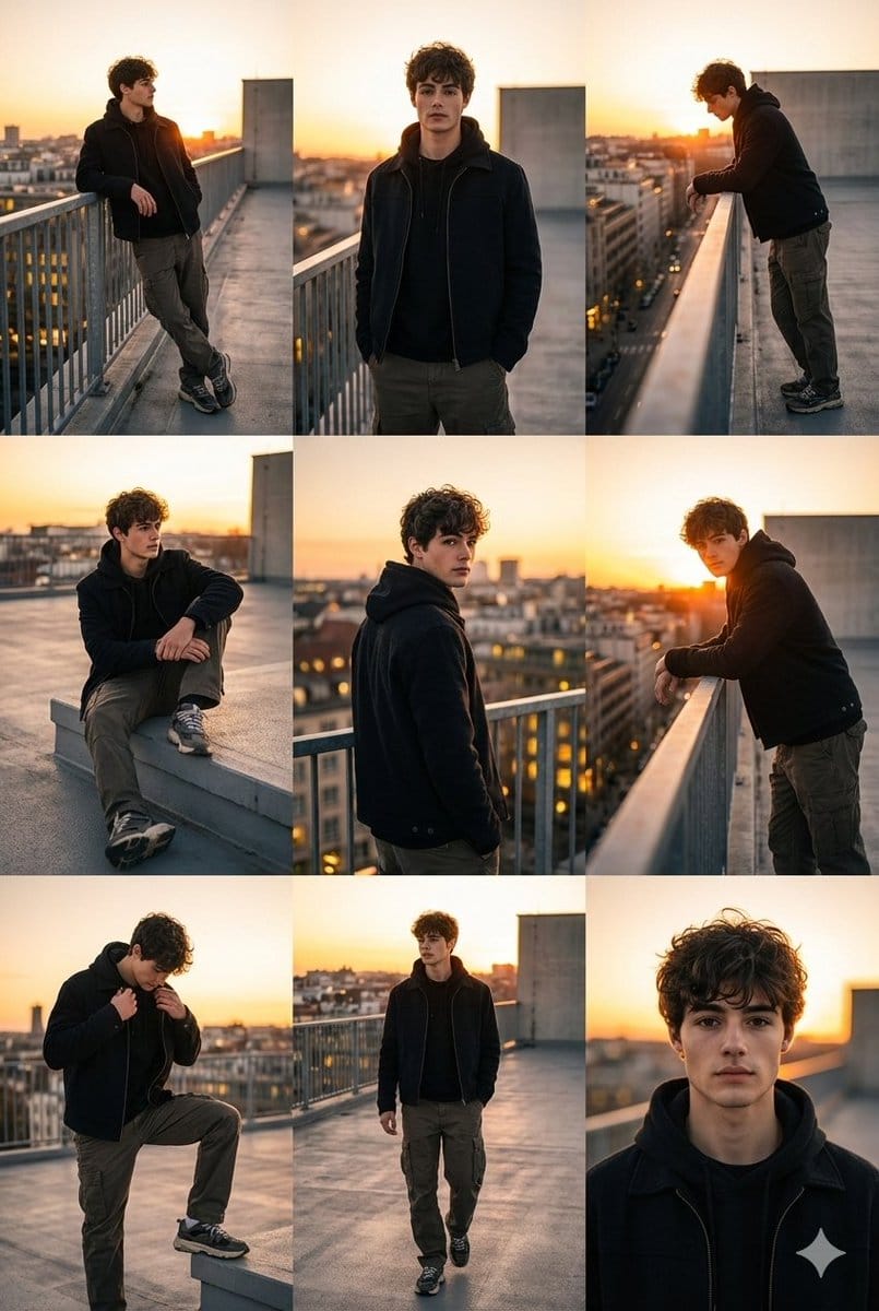 3x3 Cinematic Fashion Collage on a Rooftop at Sunset