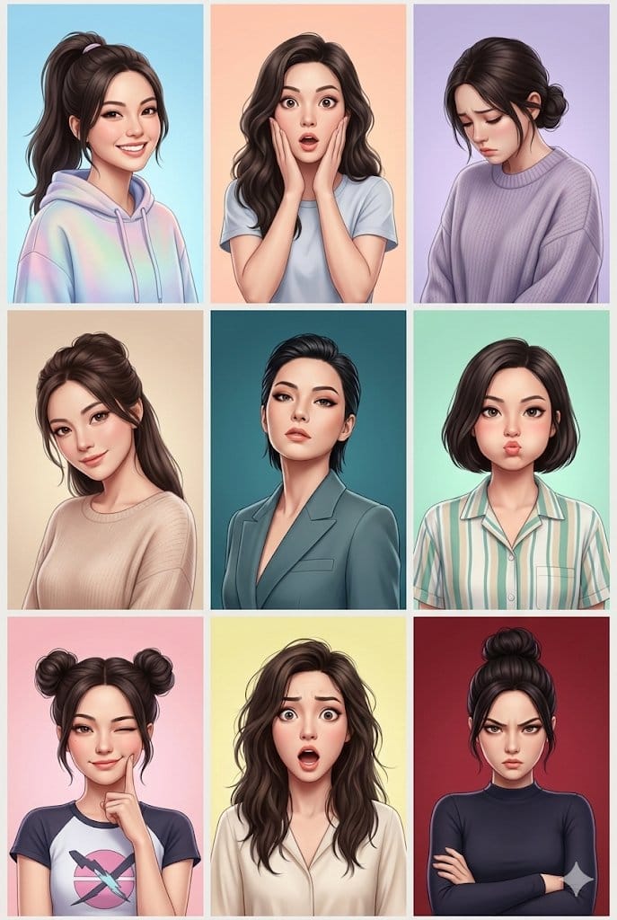 3x3 Grid Collage of Emotions in 3D Cartoon Style