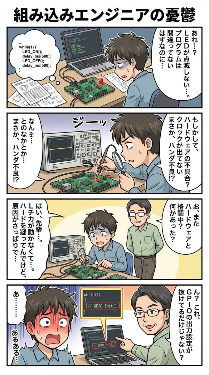 4-panel comic about embedded engineer struggles