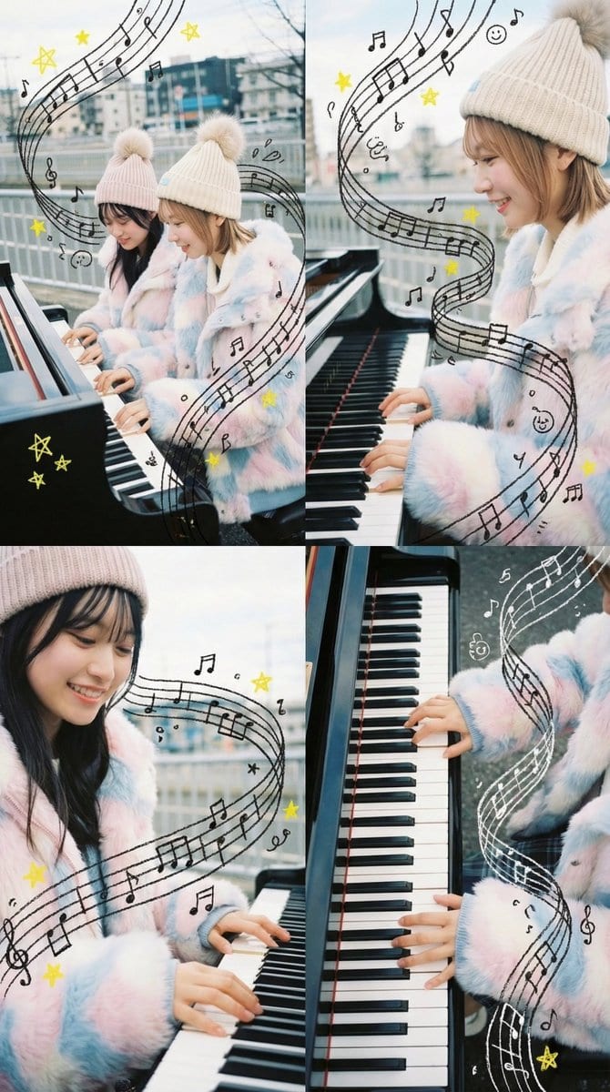 4-Panel Grid Composition with Piano Scene and Crayon Art Overlay