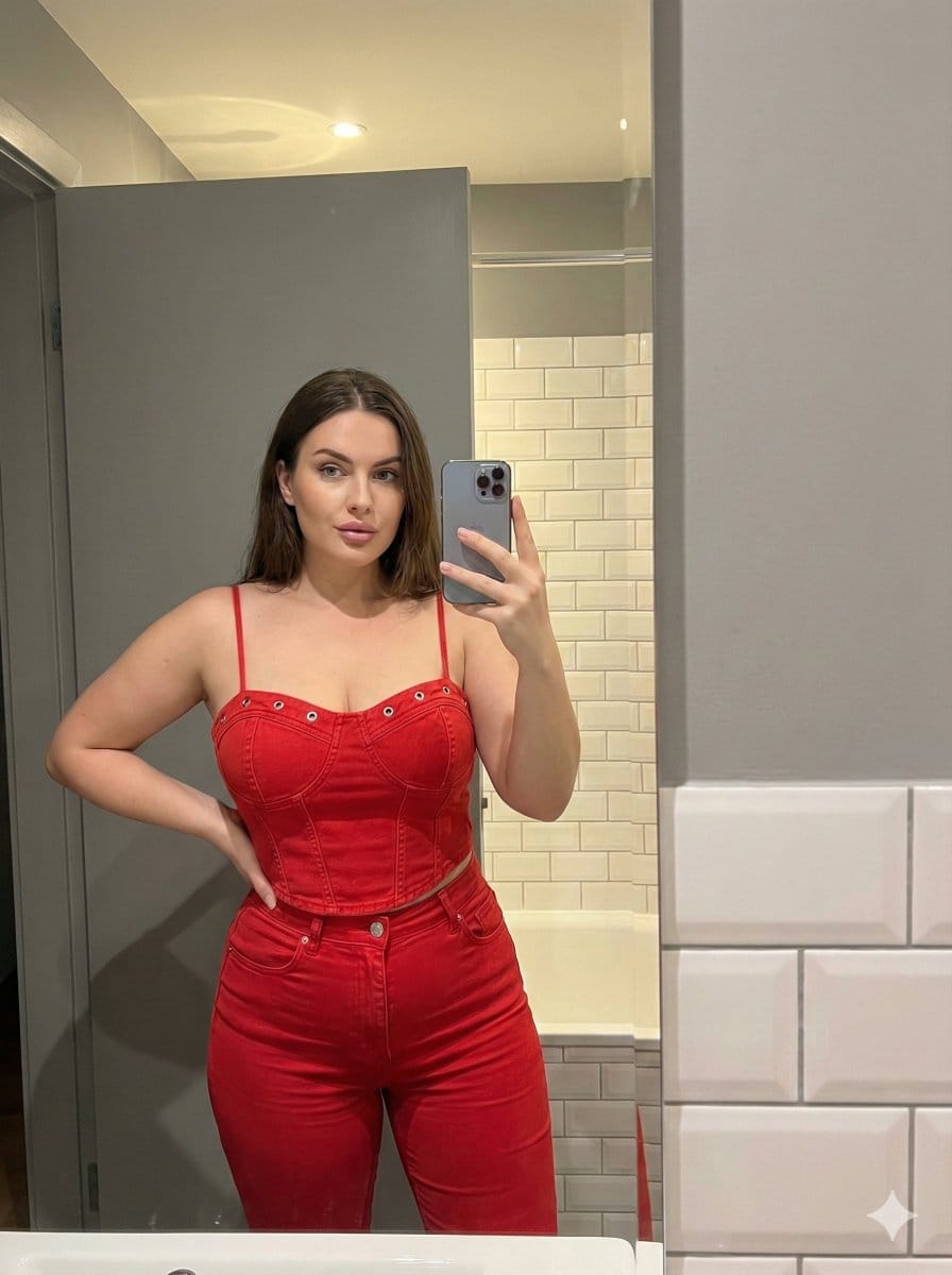 8K Mirror Selfie in Red Denim Corset and Jeans