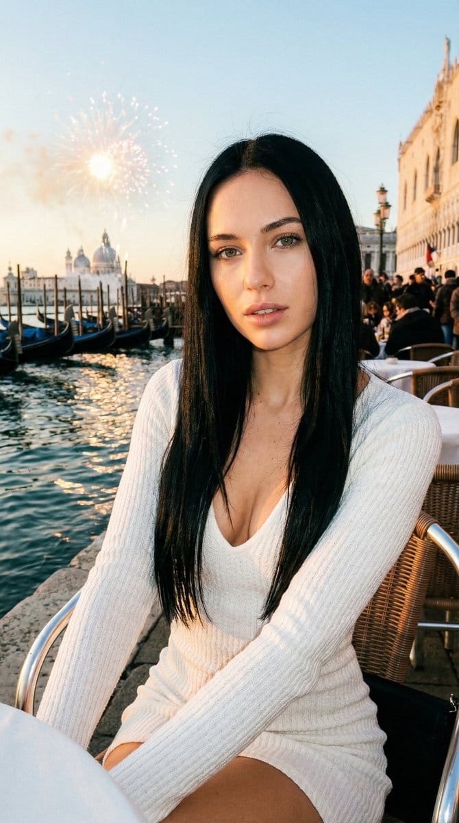 8K UHD cinematic portrait prompt for a young European woman in Venice
