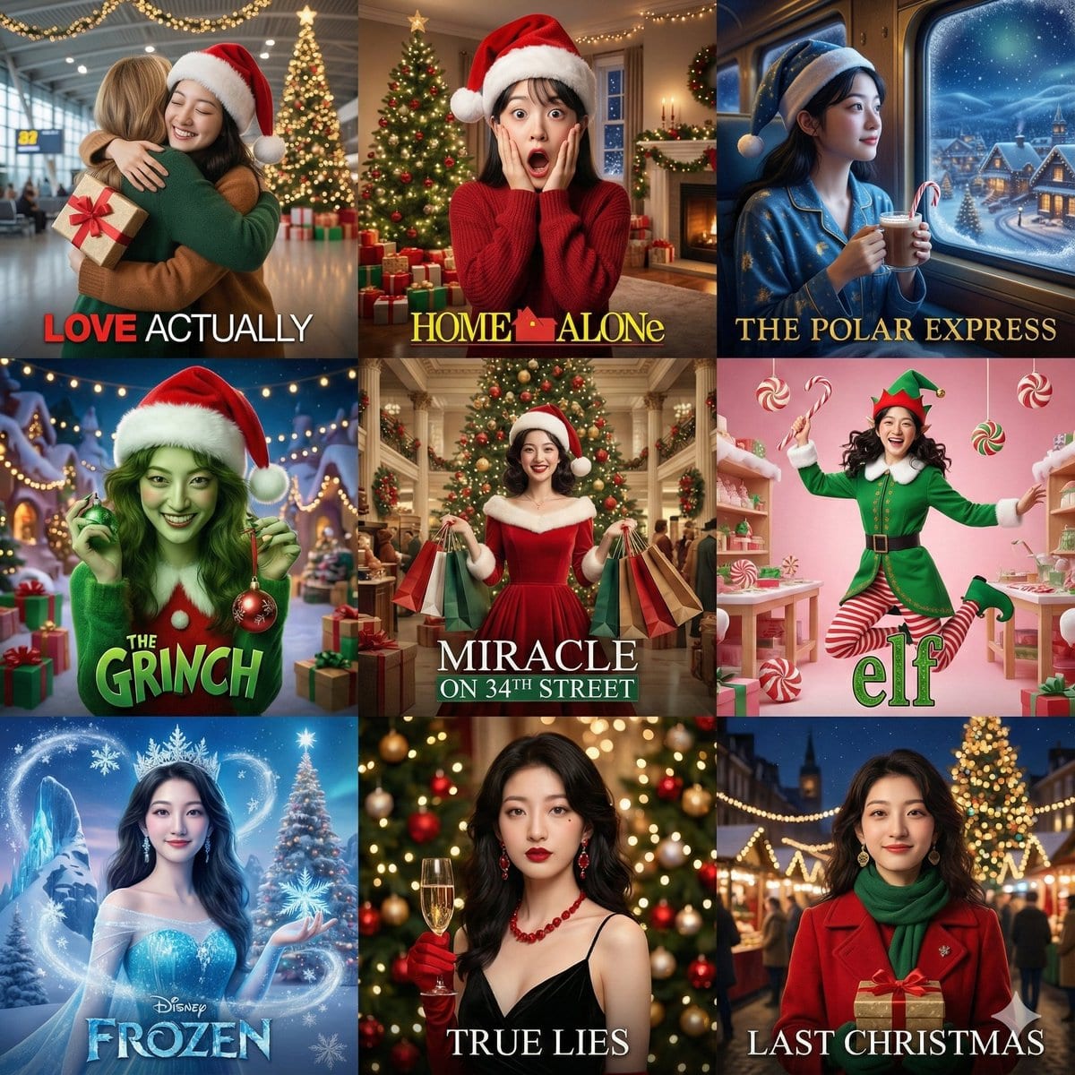 9-Panel Christmas Movie Scene Collage Prompt
