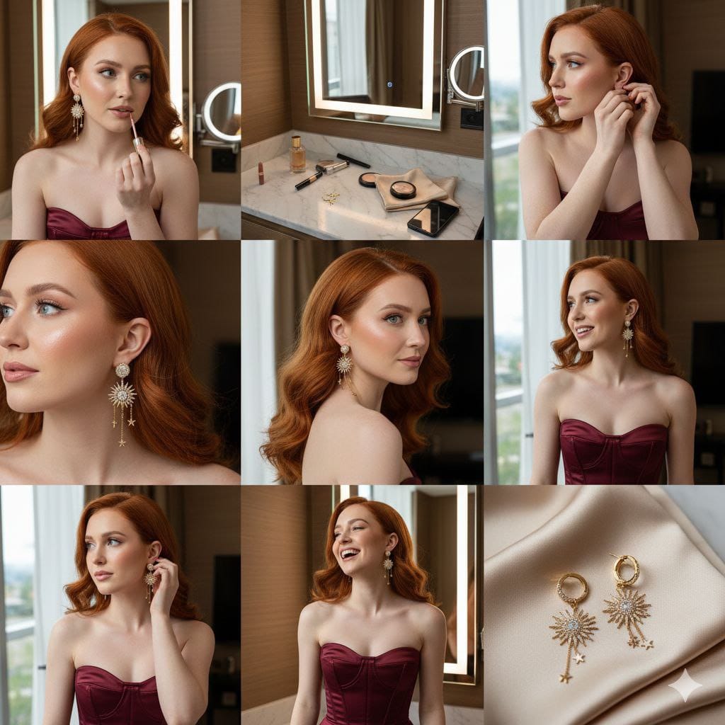 9-Panel Collage of Woman with Gold Jewelry