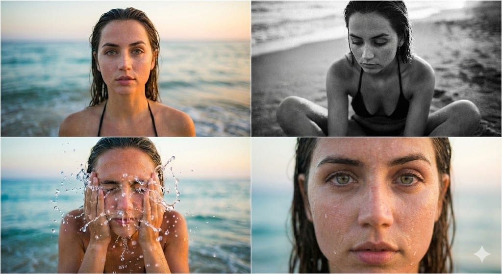 Ana de Armas Cinematic Beach Collage Prompt