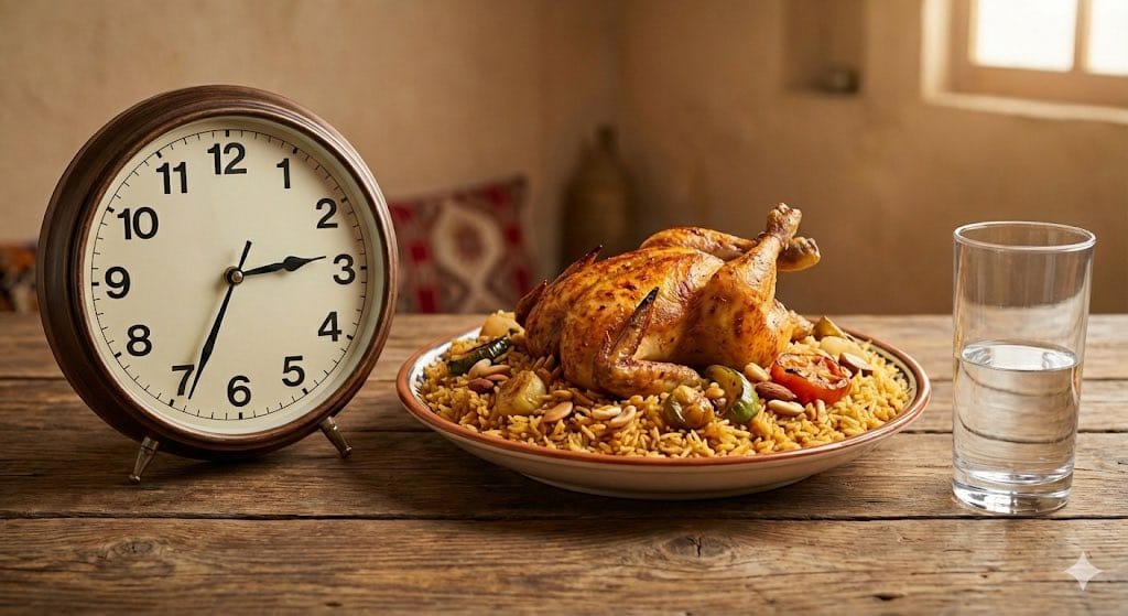 Analog clock and Saudi kabsa meal still life