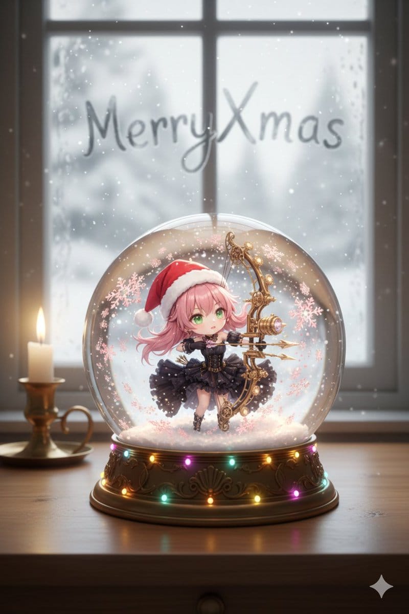 Anime Chibi Character in a Photorealistic Christmas Snow Globe