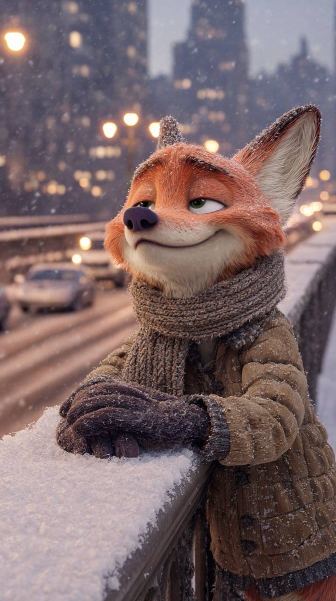 Anthropomorphic Fox in a Winter City