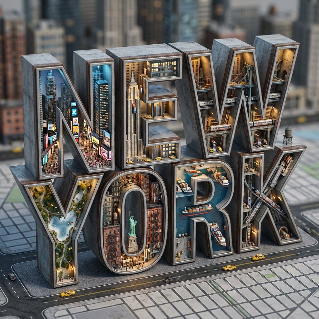 Architectural Typography Micro-World Render Prompt (New York)