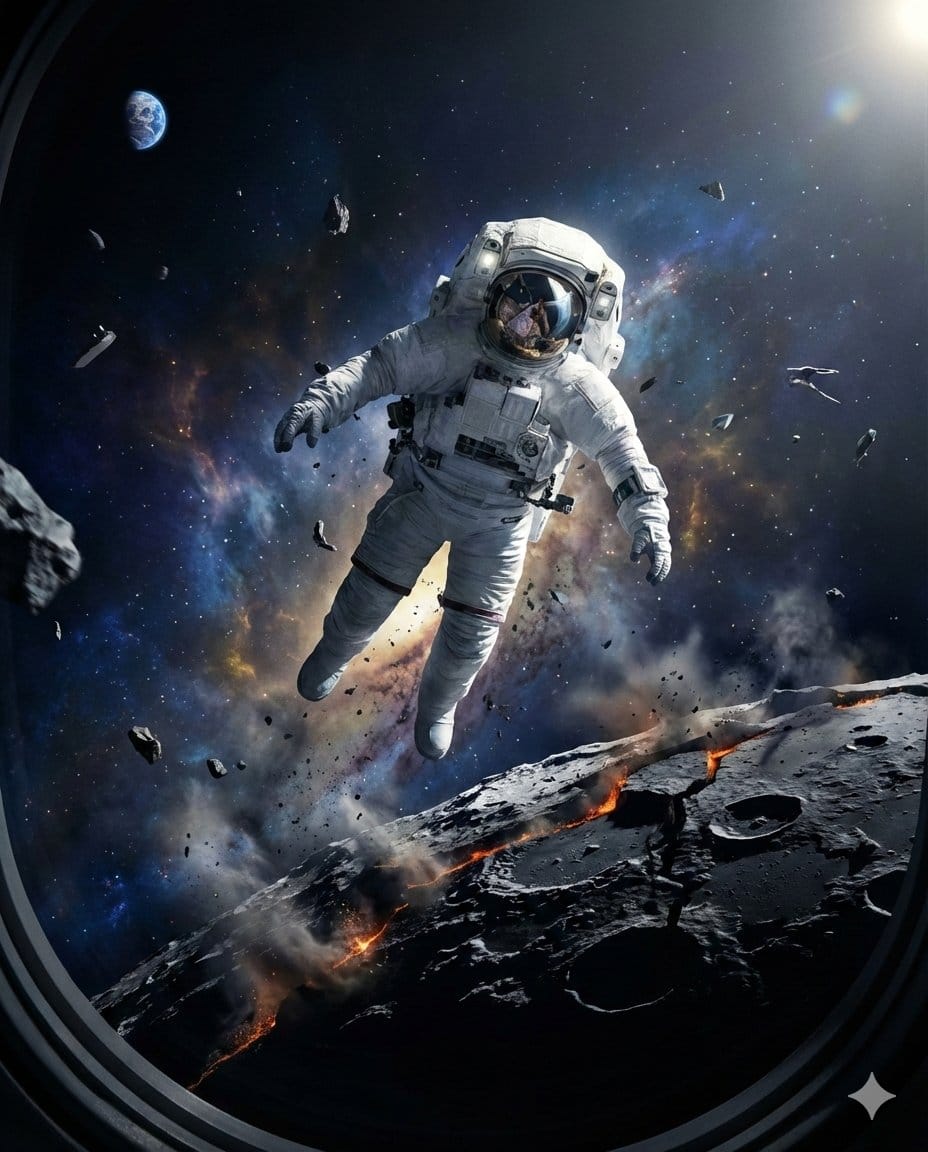 Astronaut Drifting Above Shattered Lunar Surface