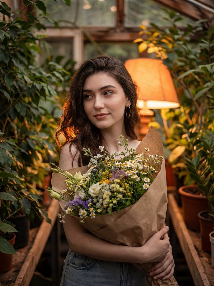 Atmospheric Portrait with Flowers and Warm Lighting