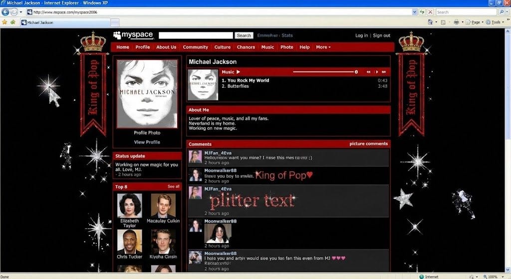 Authentic vintage MySpace page for a person