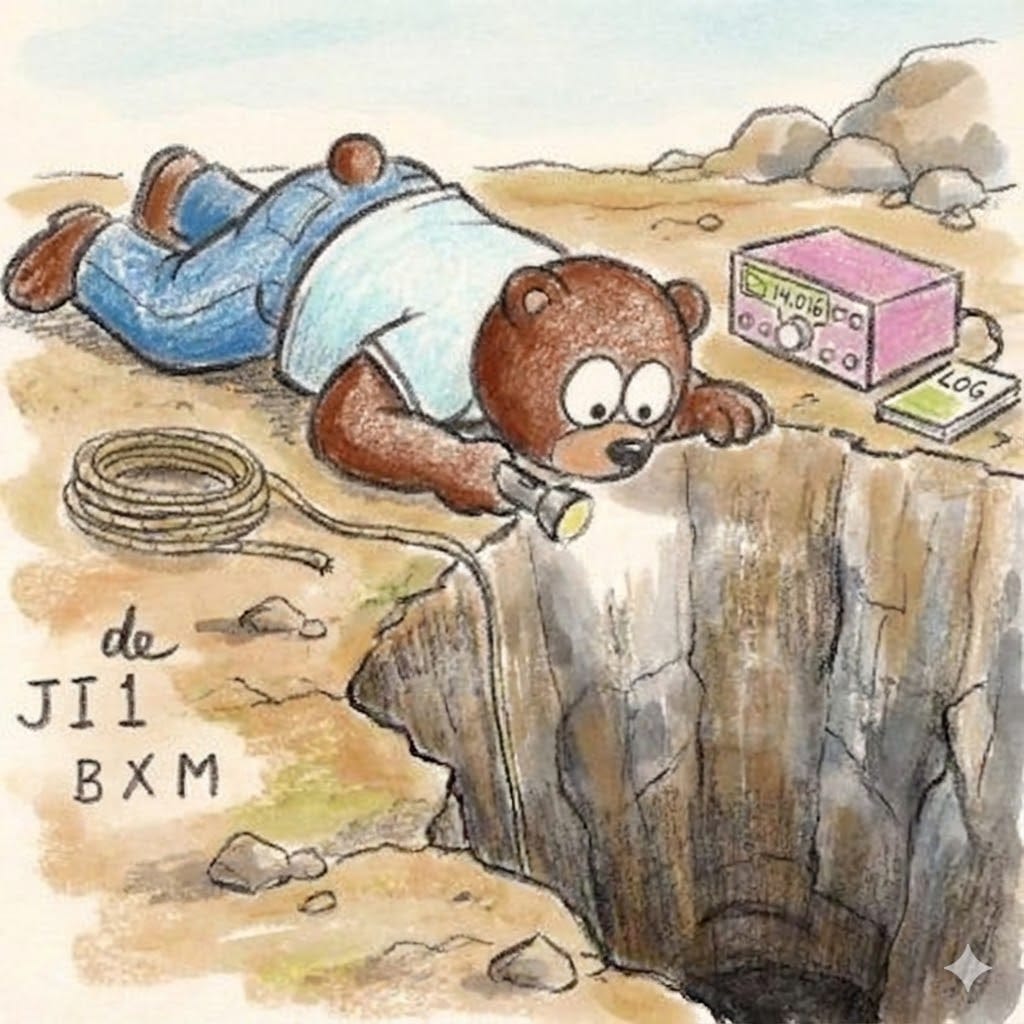 Bear Peering into a Deep Hole Illustration