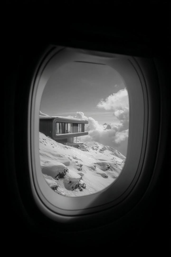 Black and White Futuristic House from Airplane Window
