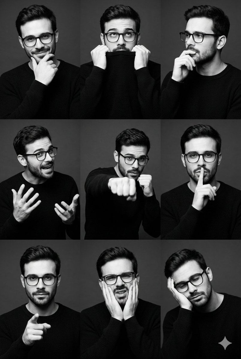 Black and White Male Editorial Portrait Collage JSON Prompt