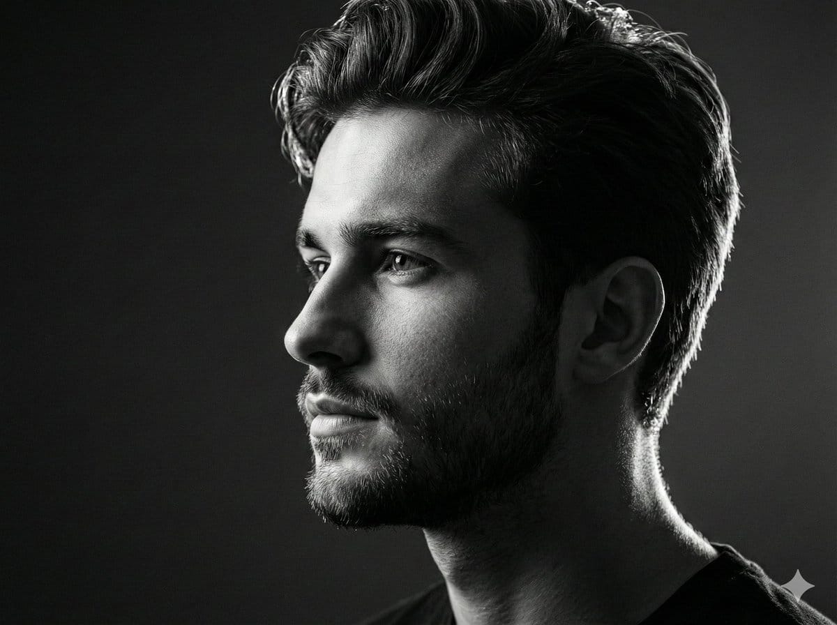 Black and white studio side-profile portrait prompt