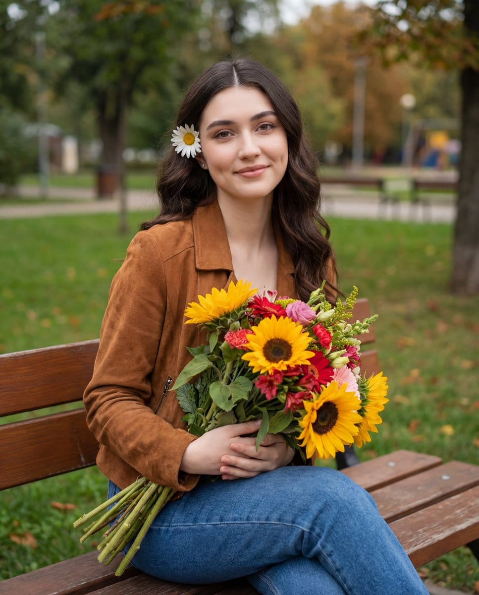 Candid Autumnal Park Portrait with Bouquet