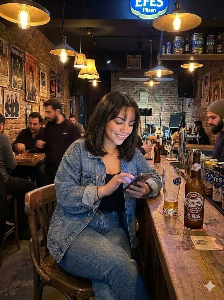 Candid Bar Scene with Phone and Beer Details