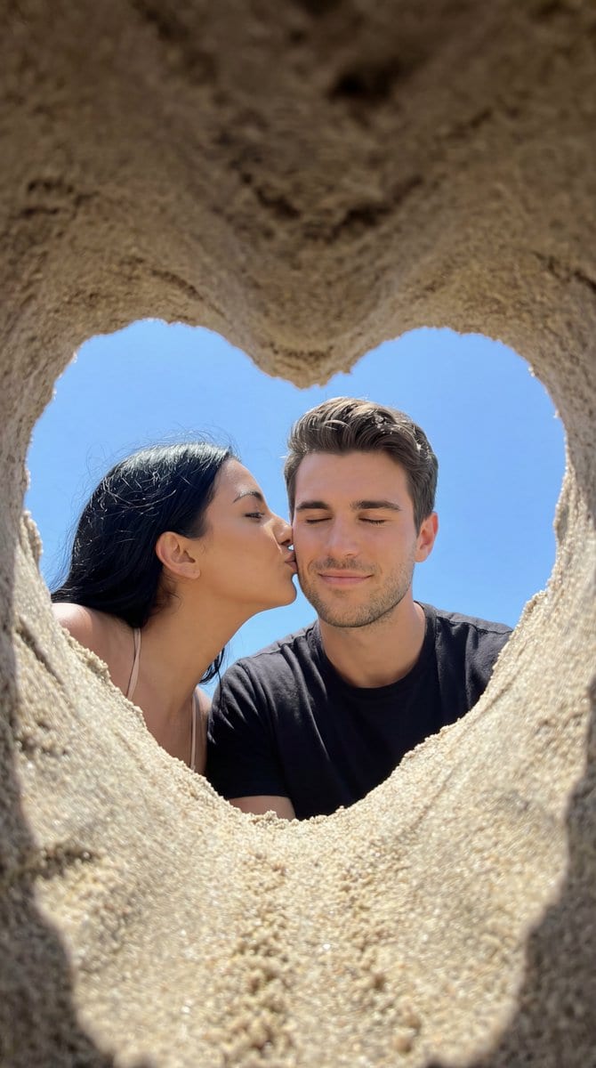 Candid Beach Kiss Framed by Sand Heart