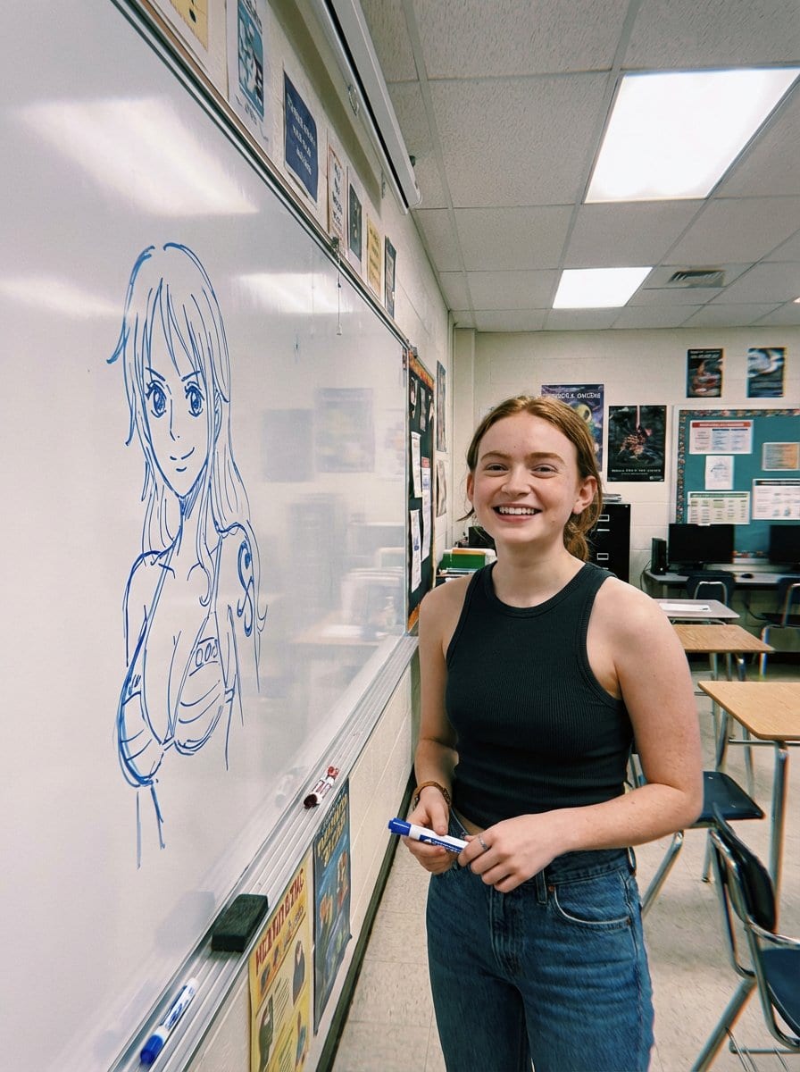 Candid Classroom Photo with Anime Sketch on Whiteboard