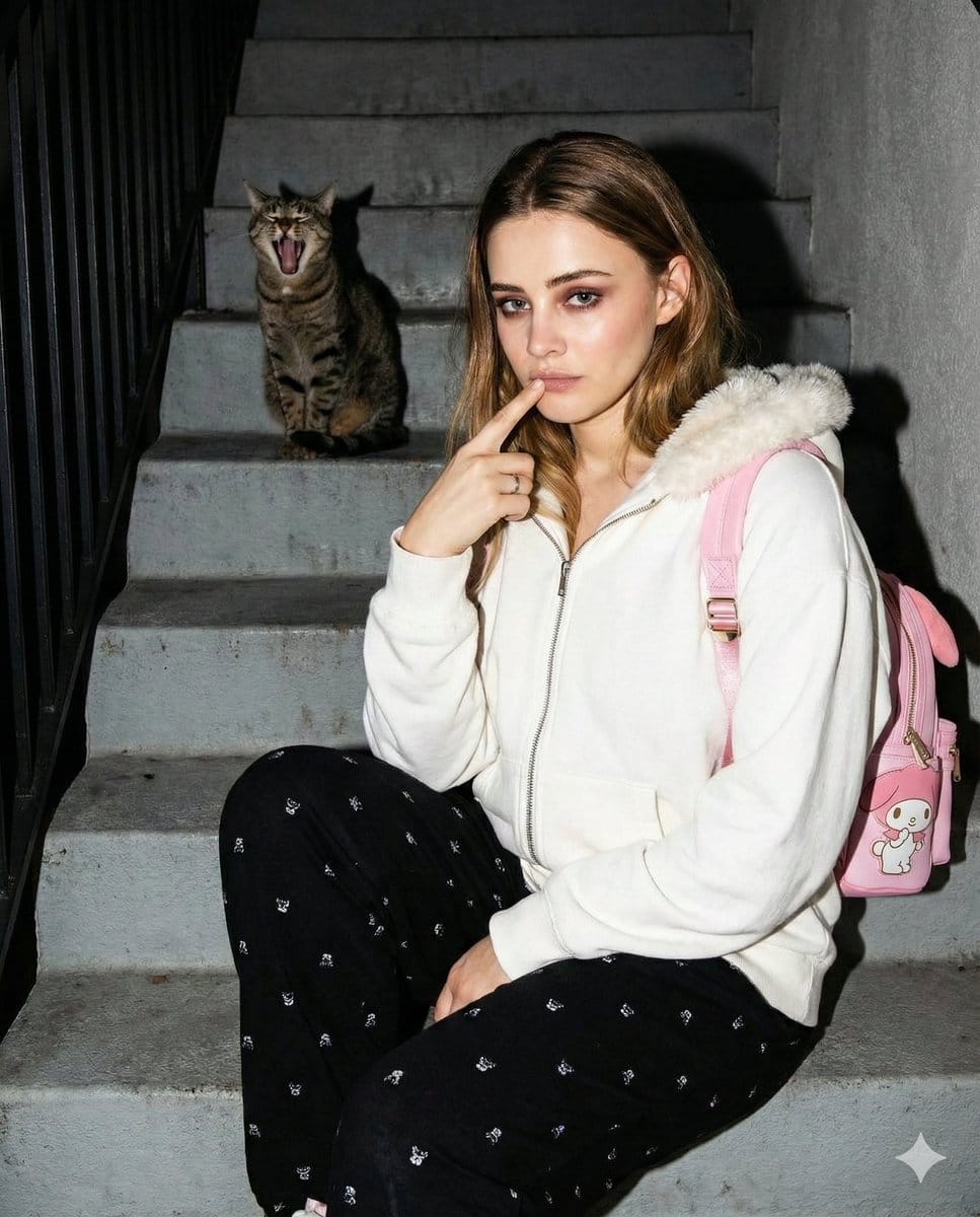 Candid Gen Z Street Style Photo with Hidden Cat