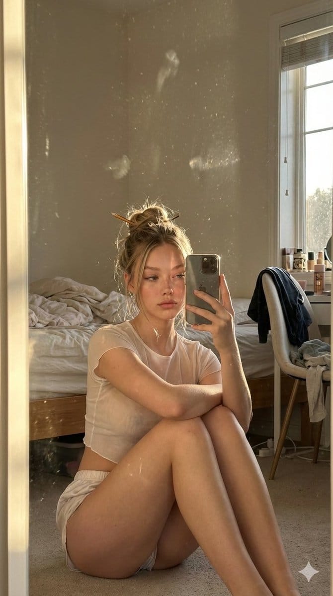 Candid Golden Hour iPhone Mirror Selfie in a Messy Bedroom