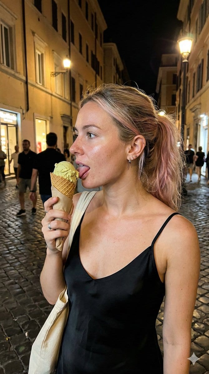 Candid Ice Cream Snapshot in European City at Night