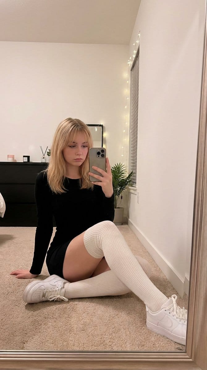 Candid Mirror Selfie in Soft Aesthetic Bedroom