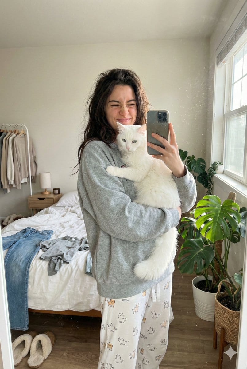 Candid Mirror Selfie with a Fluffy Cat