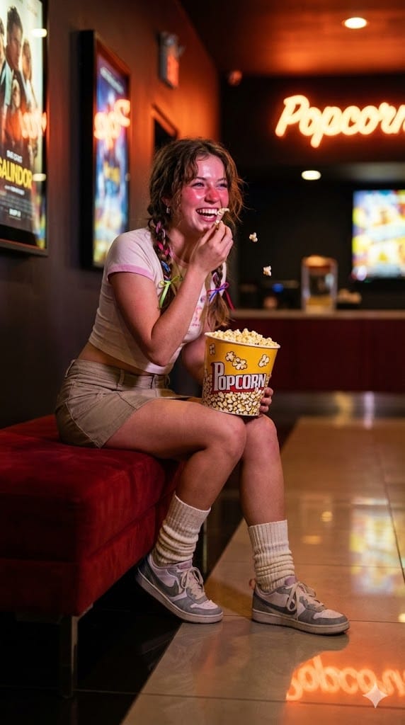 Candid Night Snapshot in a Retro Cinema Lobby