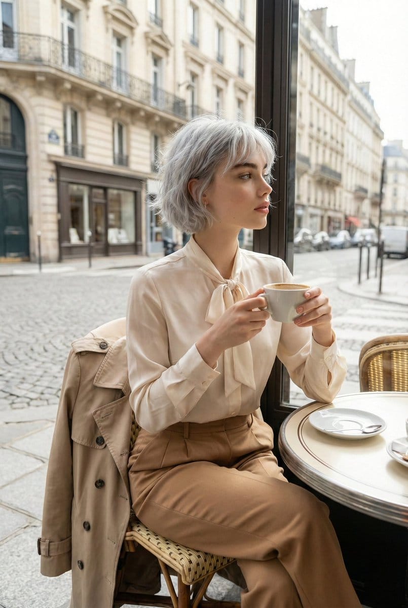Candid Parisian Café Portrait with Silver Hair