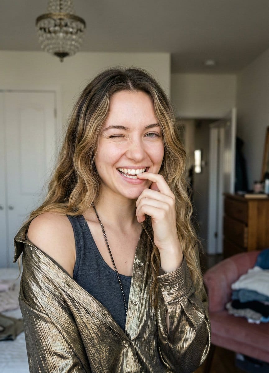 Candid Portrait of Woman Winking and Biting Finger