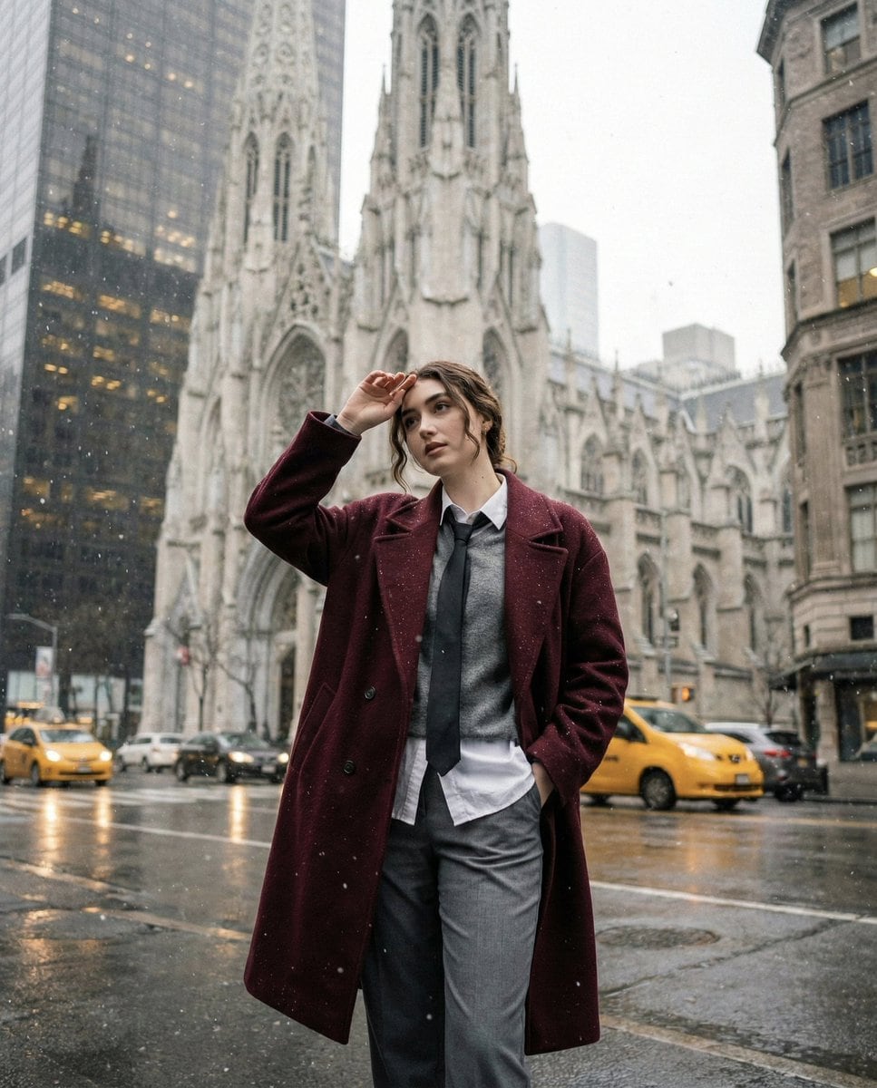 Candid Winter City Portrait during Snowfall