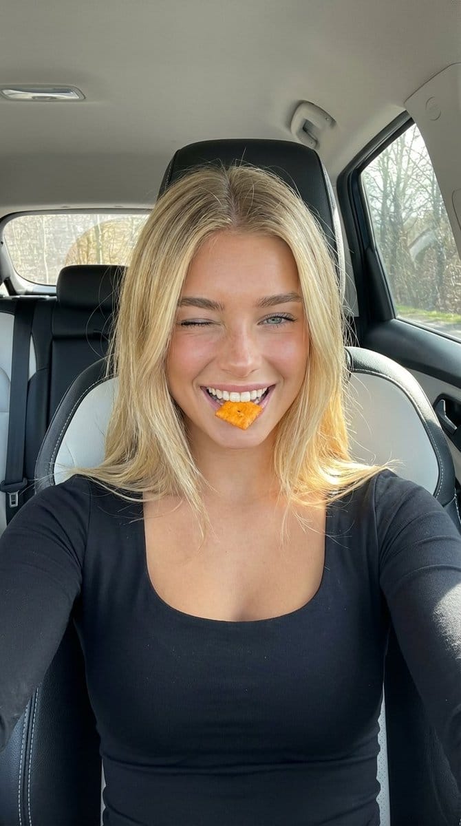 Car Selfie with Cheese Cracker Prompt