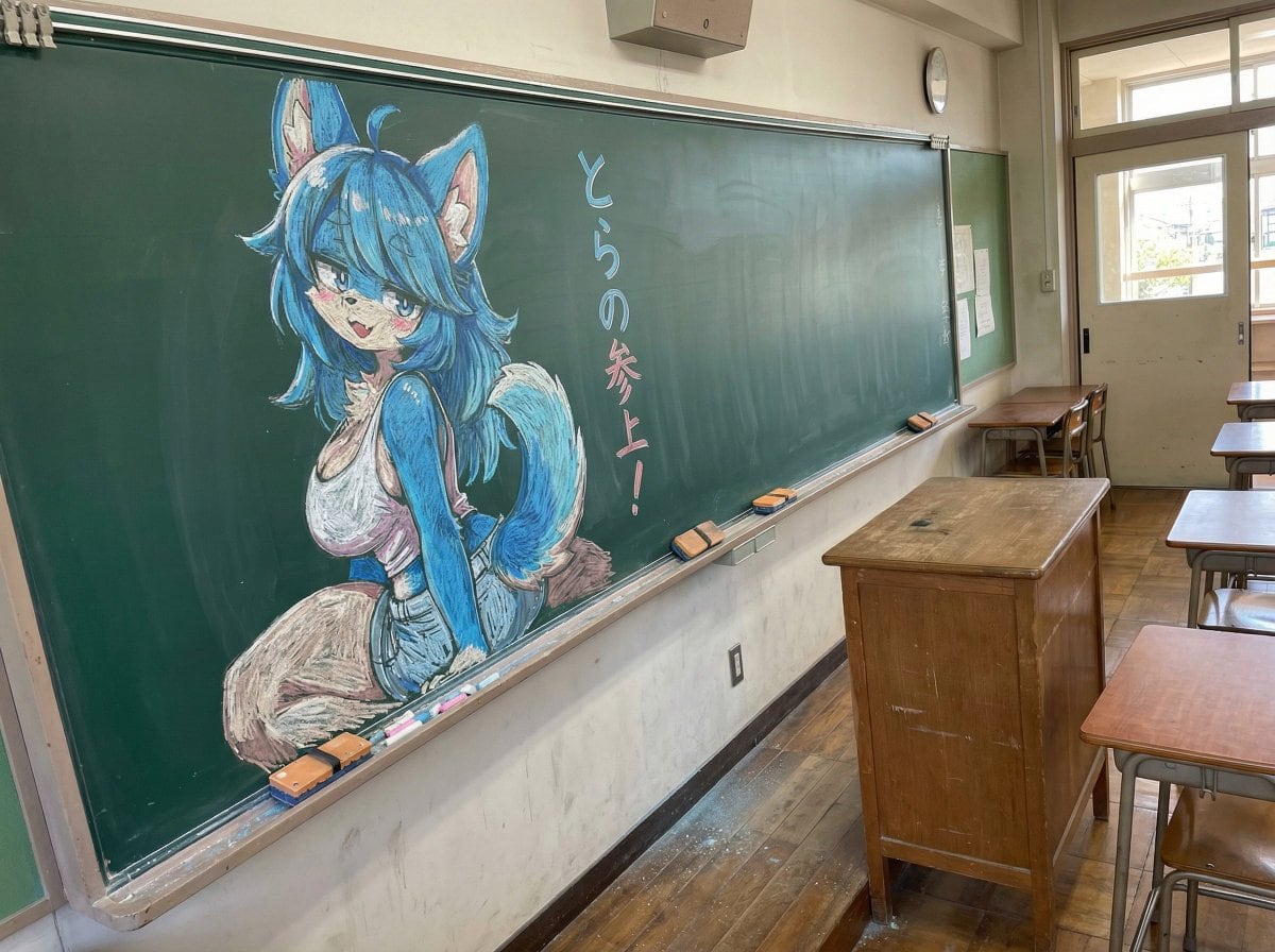 Chalk drawing of an illustration on a classroom blackboard