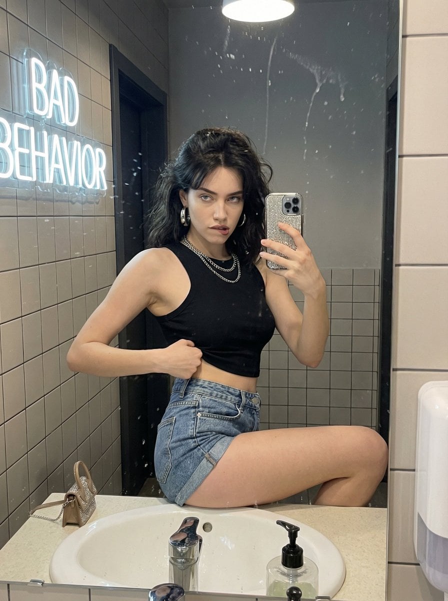 Chaotic Confident Café Bathroom Mirror Selfie