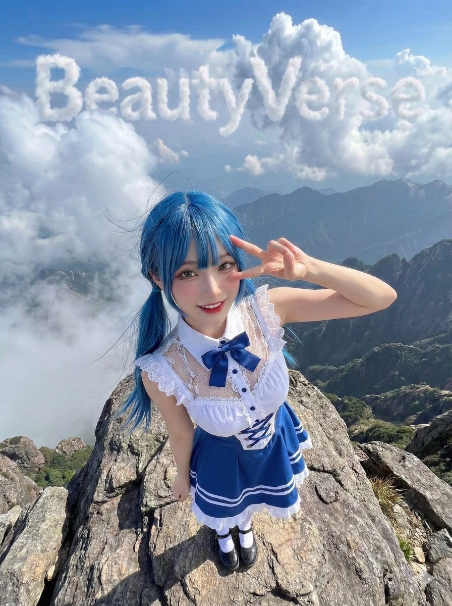 Character on a High Mountain Peak with Text in Clouds