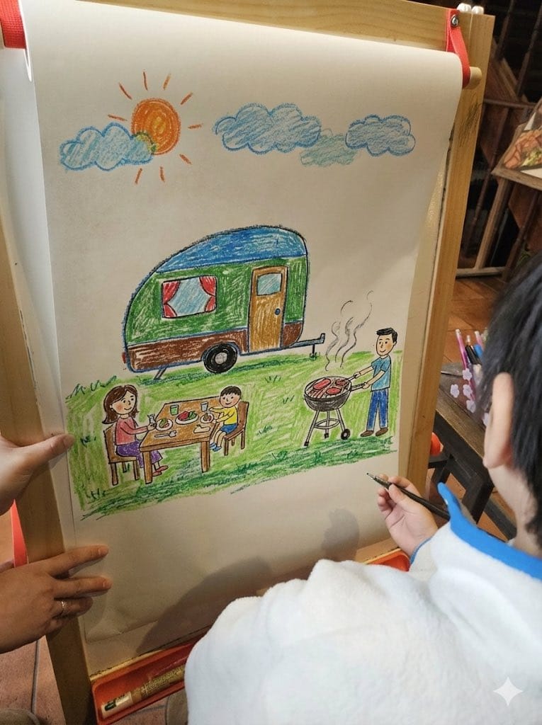Childlike crayon-style family camping drawing