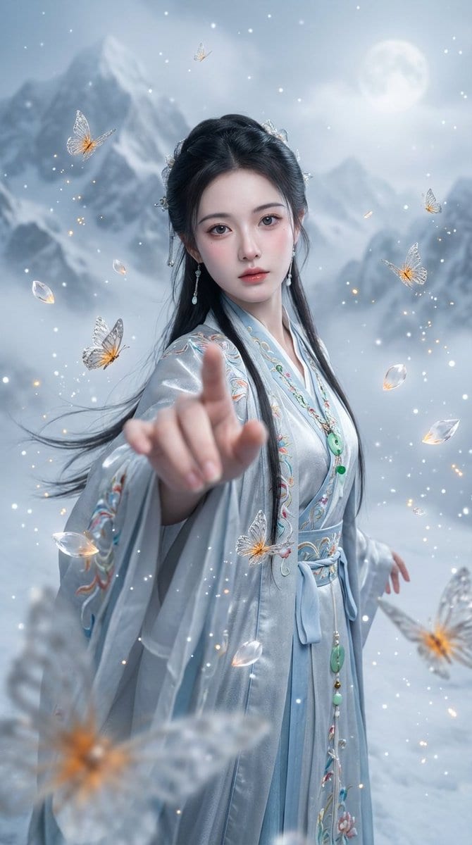 Chinese Xianxia Fantasy Portrait with Cold Tones and Magic Effects