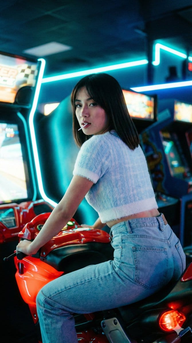 Cinematic 35mm Analog Film Portrait in a Retro Arcade