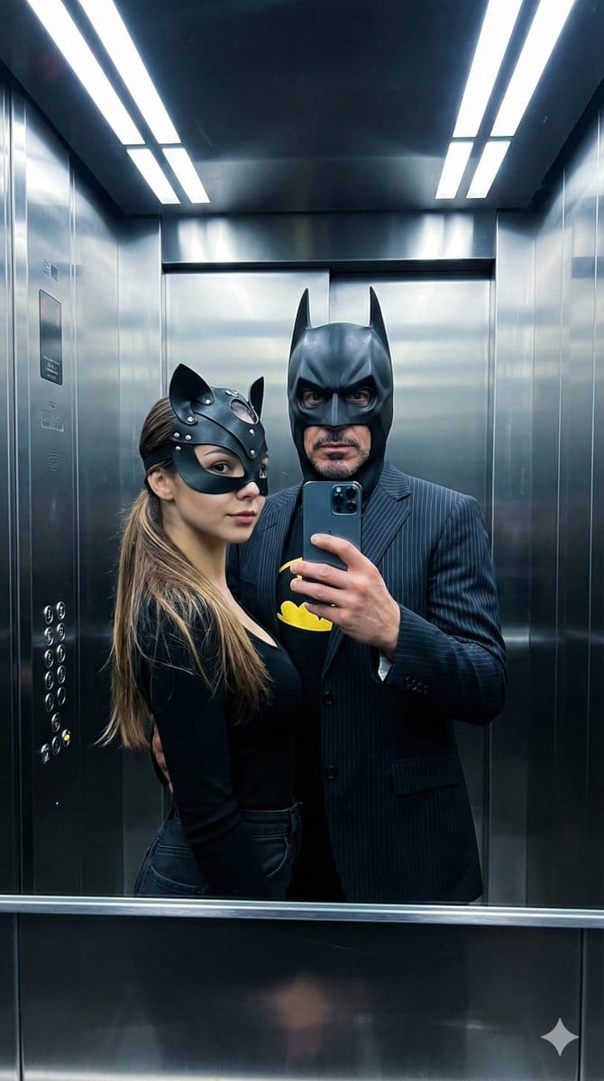 Cinematic Bat/Cat Couple Mirror Selfie with Identity Lock