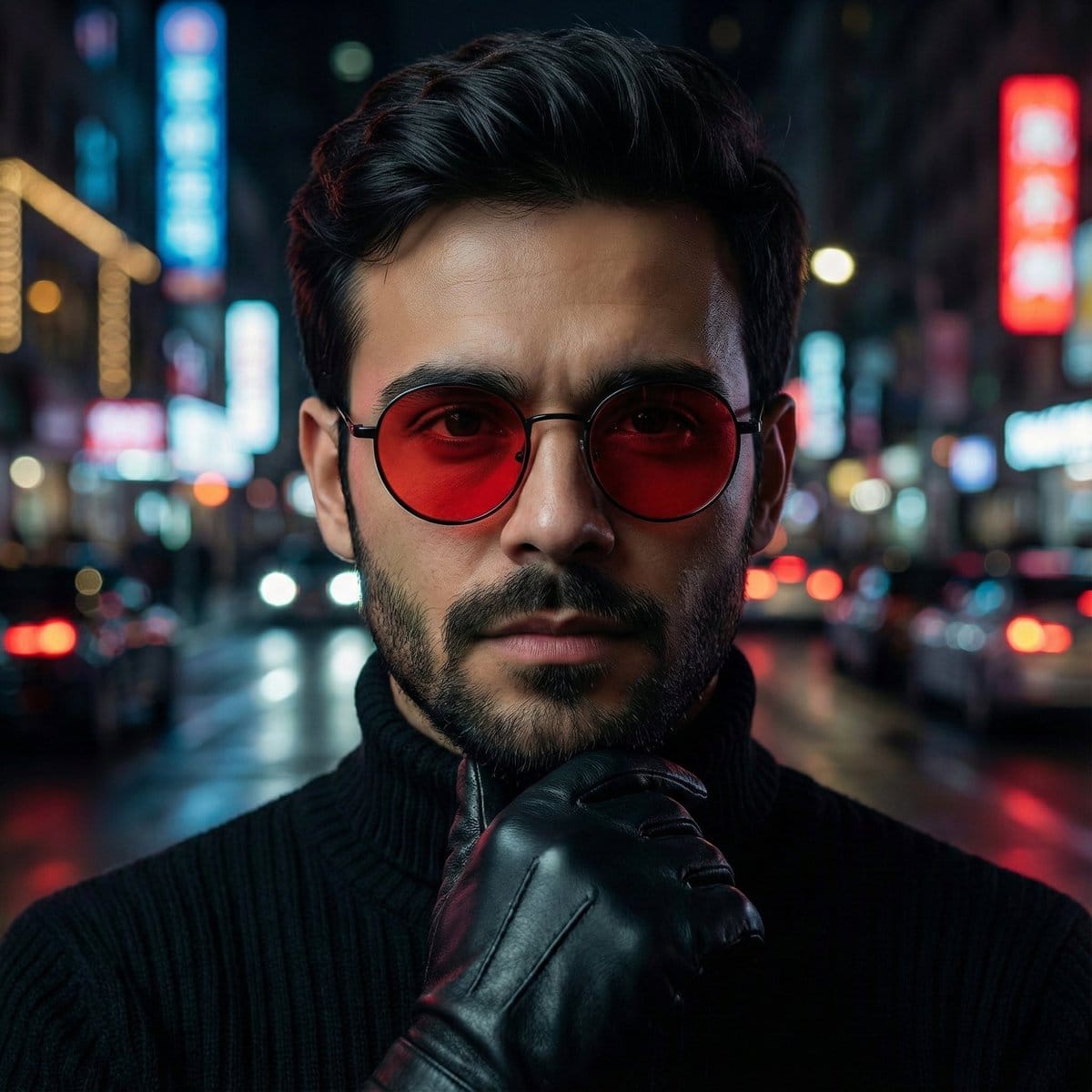 Cinematic Close-Up Portrait Prompt with Red-Tinted Glasses