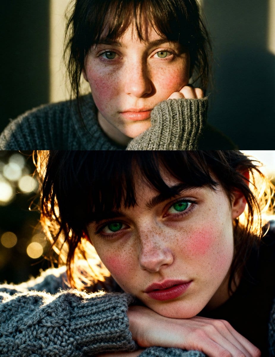 Cinematic close-up portrait with green eyes and knit sweater