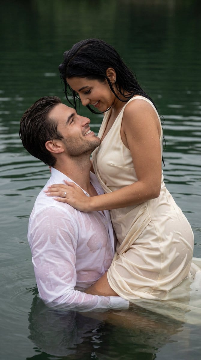 Cinematic Couple Embrace in Lake Prompt (Wet Fabric Physics)