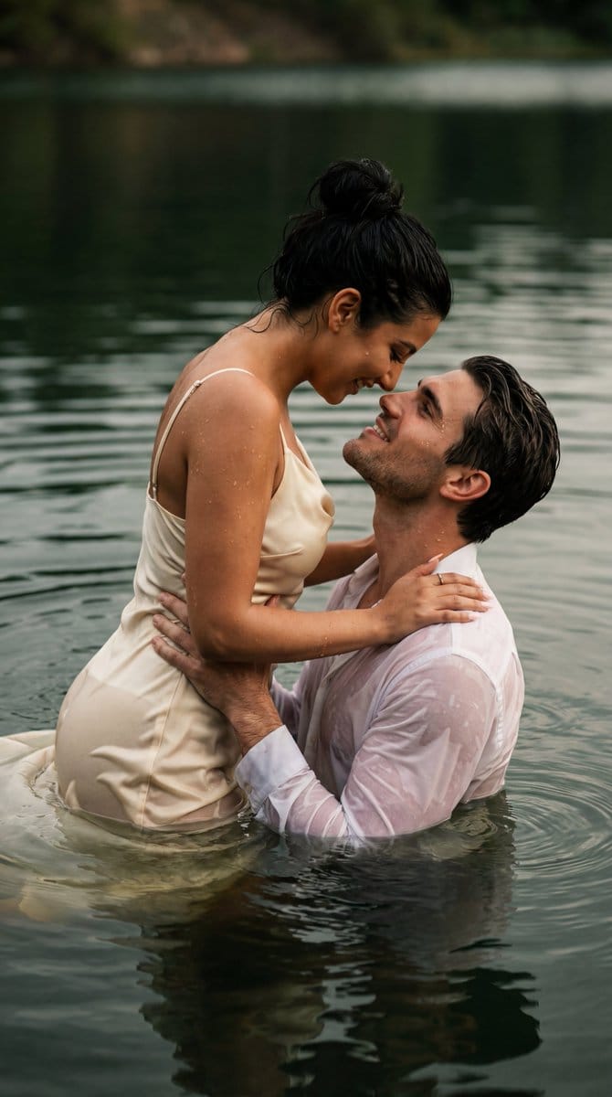 Cinematic Couple Embrace in Lake Water